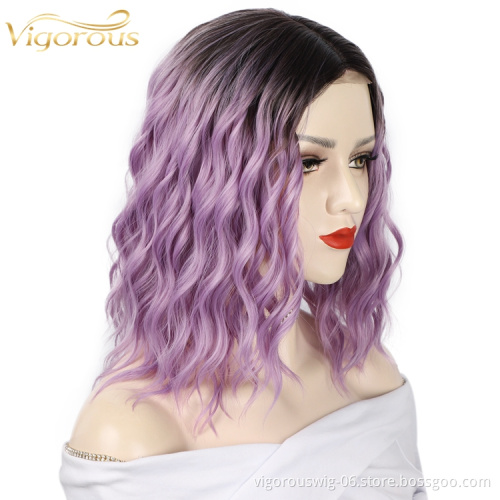 Vigorous Hot Selling High Quality Ombre Black Purple Cheap High Temperature Lace Frontal Short Bob Synthetic Wigs